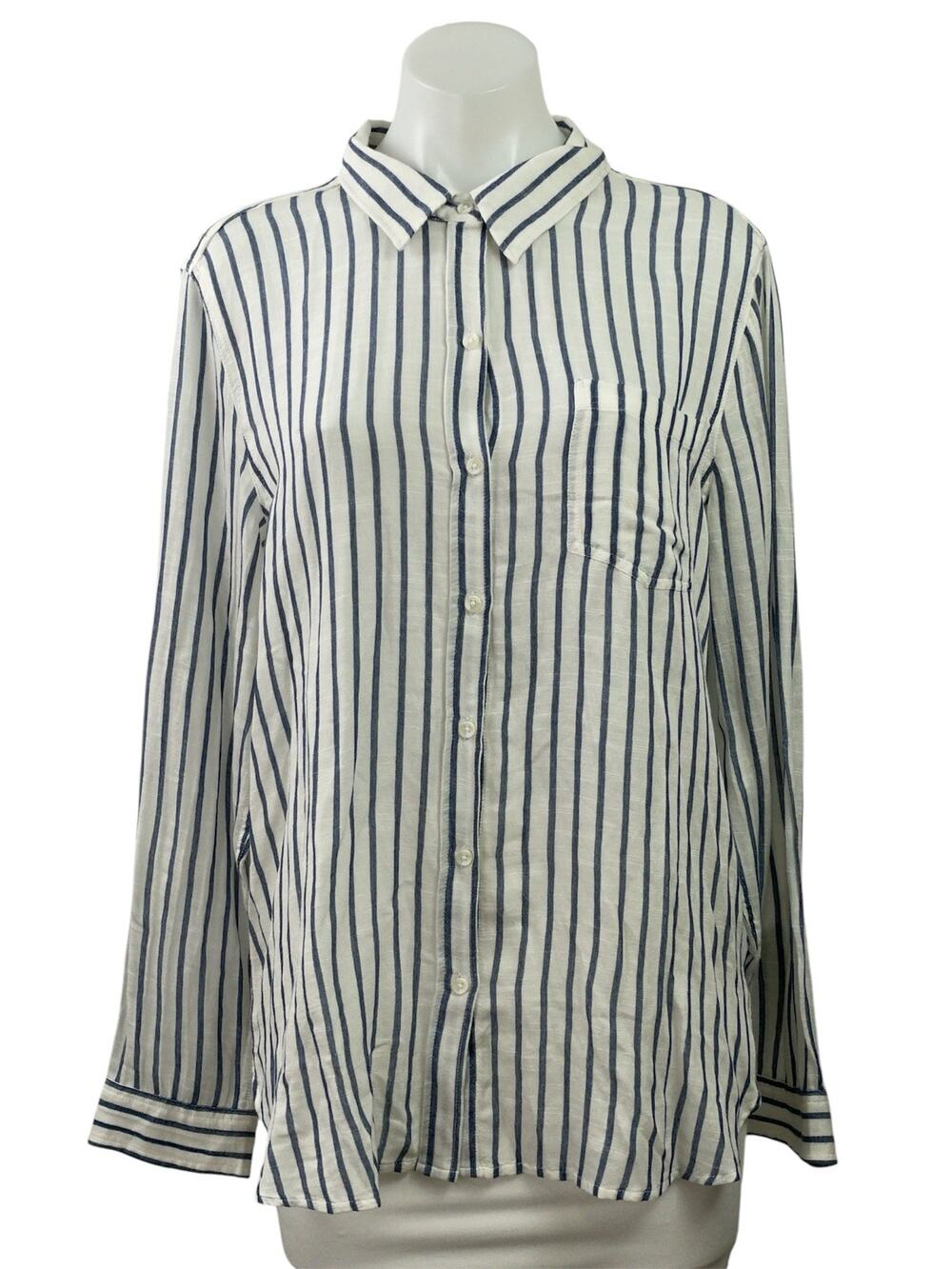 Lucky Brand Womens White Black Striped Long Sleeve Button Down Tunic Shirt Top L